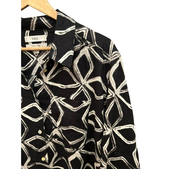 Mark and Spencer Black White Linen Long Sleeve Blouse Sz US 12 Geometric Casual - Picture 3 of 8